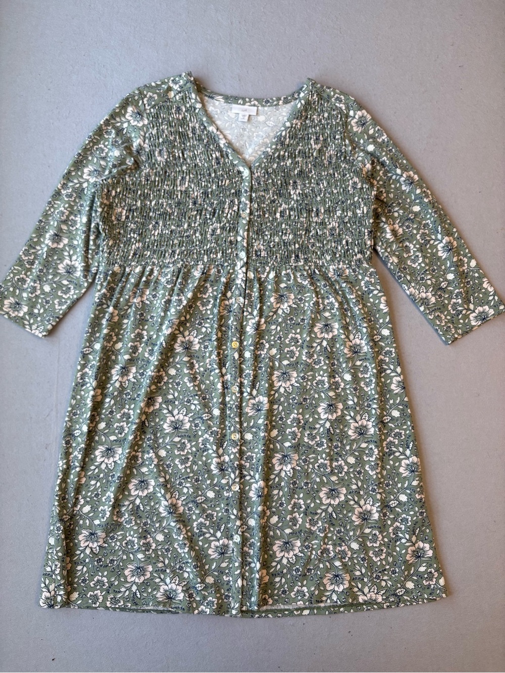 J. Jill Sage Green Floral Smocked Stretch Knit Dress Sz MP Boho